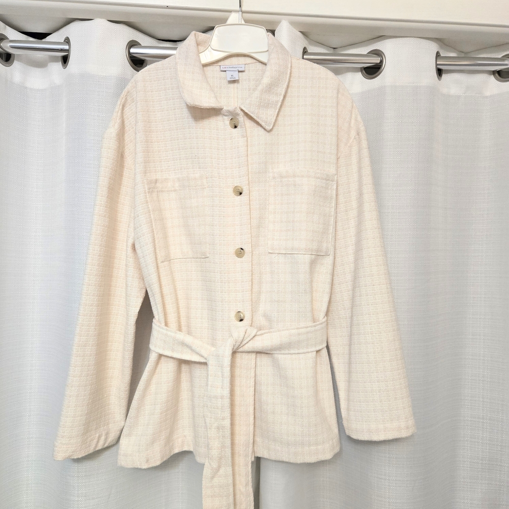 Liz Claiborne Dress Shacket Belt Pockets Faint Plaid Button Front Relaxed Fit